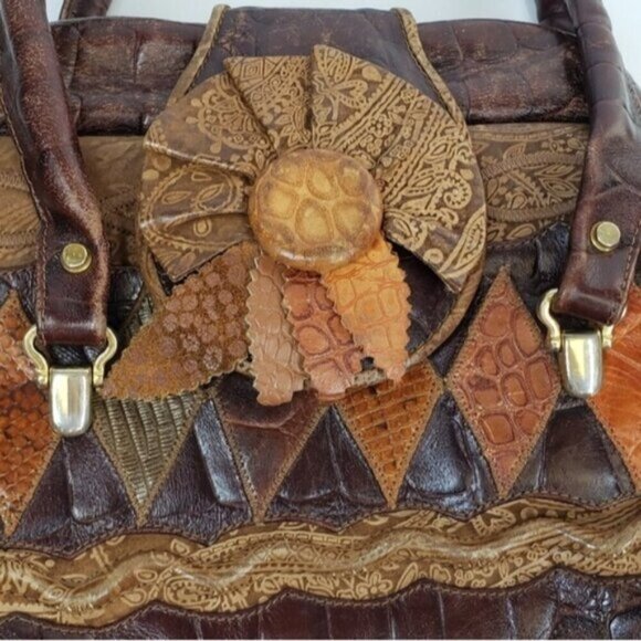 Vintage Leather Patchwork Shoulder Bag Brown Boho Flower Child Festival - Picture 3 of 14
